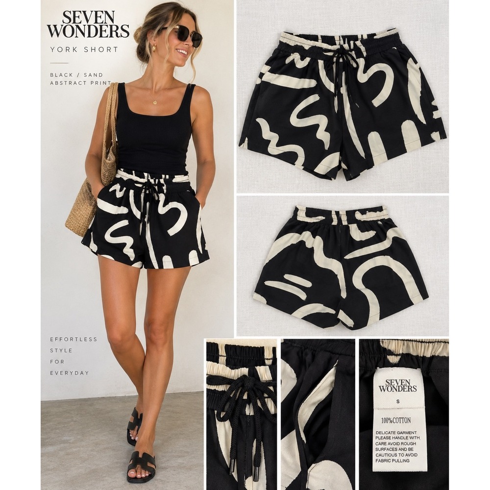 Seven Wonders York Short Black Sand Abstract Print Cotton Drawstring Small